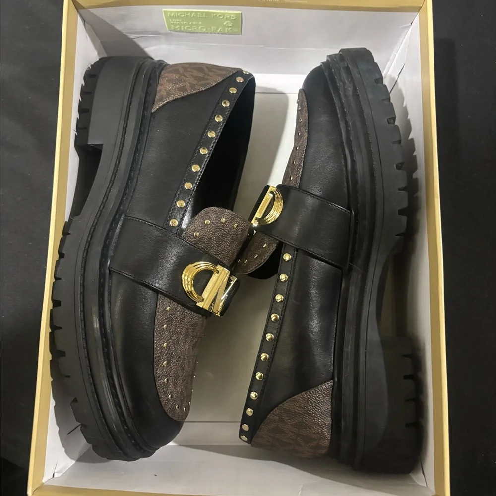 Michael Kors Black and Brown Loafers with Gold Accents - Picture 4 of 5